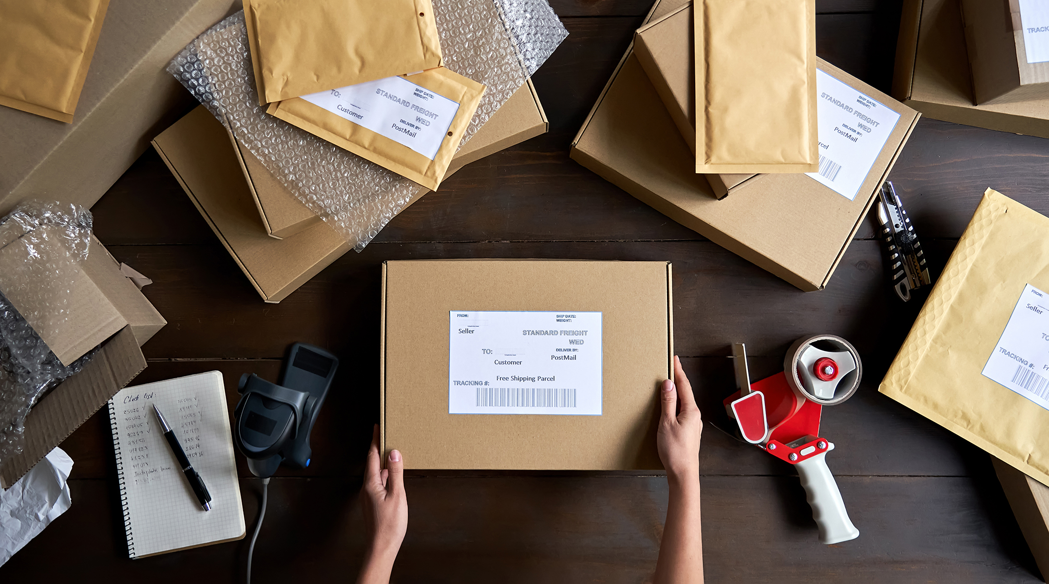 Hands preparing a custom printed order for shipping with boxes, envelopes, and packing supplies on a table – Zamar Printing stress-free process from design to delivery